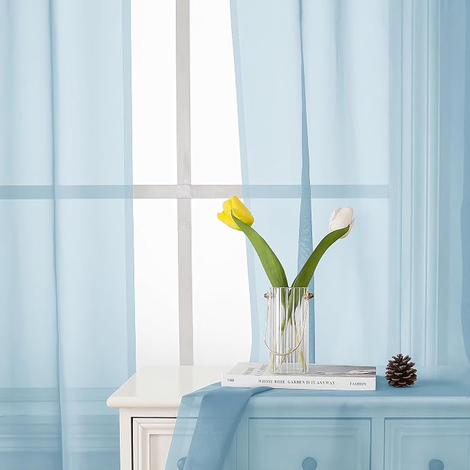 Light Blue Sheer Curtains 84 Inches Long 2 Panels, Light Filtering Solid Voile - Image 7