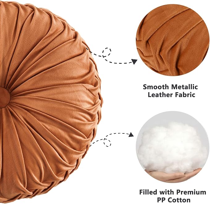 HIG Set of 2 Rust Velvet Decorative Round Pleated Throw Pillows | Vintage Floor - Image 4