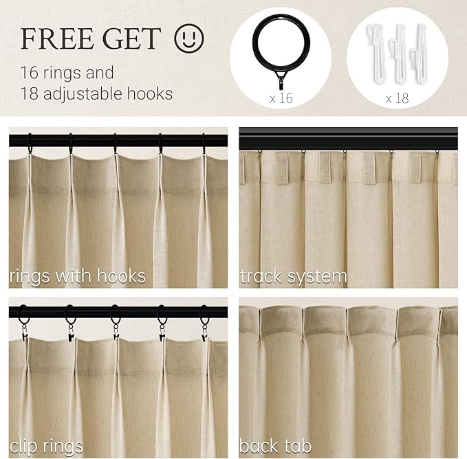 Topfinel Natural Beige Pinch Pleated Semi Sheer Curtains Textured Linen Blended - Image 2