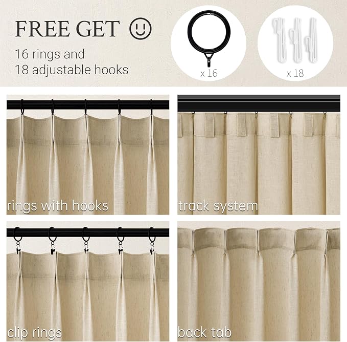 Topfinel Natural Linen Pinch Pleated Curtains 63 Inch Length 2 Panels - Image 3