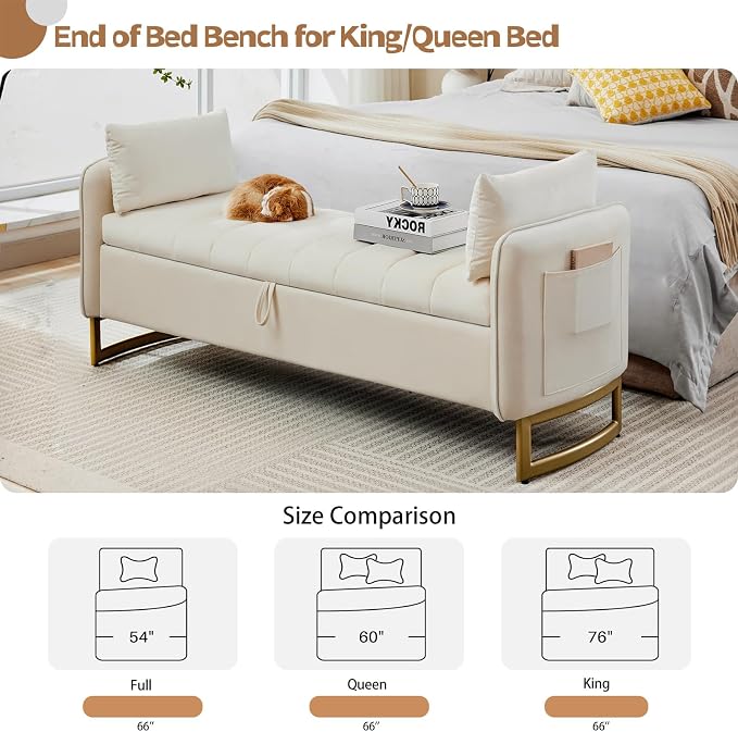 66" End of Bed Storage Bench King Size, Velvet Storage Benches - Image 5