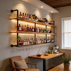 Wall Mounted Wine Rack with LED Lights, 4-Tier Industrial Wood Floating Shelves - Image 4