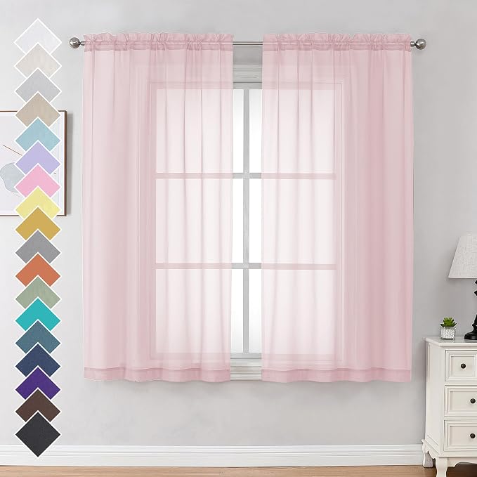 Blush Pink Sheer Curtains 63 Inches Long 2 Panels by OVZME