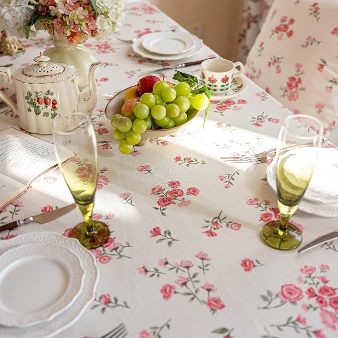VClife White and Pink Print Table Cloth, Linen Texture Tablecloth - Image 9