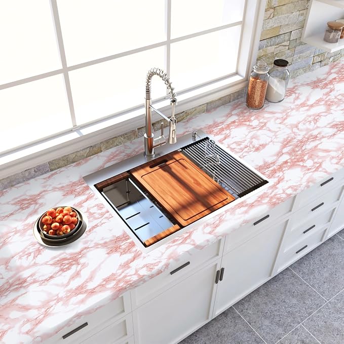 practicalWs White/Pink Marble Contact Paper Granite Peel and Stick Countertops - Image 5