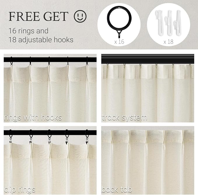 Topfinel 132 Inch Pinch Pleated Linen Curtains 2 Panels, Natural Semi Sheer - Image 2