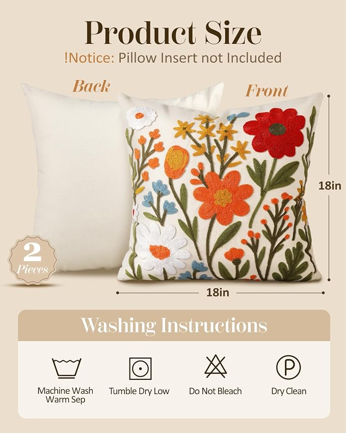 Embroidered Throw Pillow Covers 18x18 Inch, Flower Cluster | Decorative Pillow - Image 4