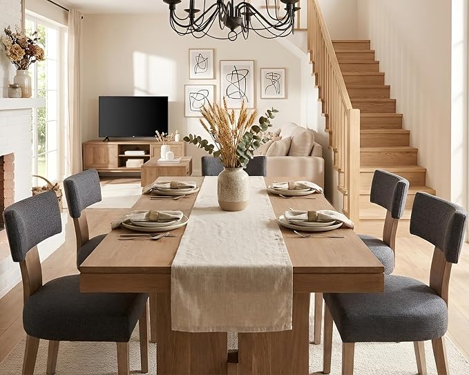 HNY Mid Century Modern Dining Chairs, Linen Fabric Upholstered and Curved - Image 7
