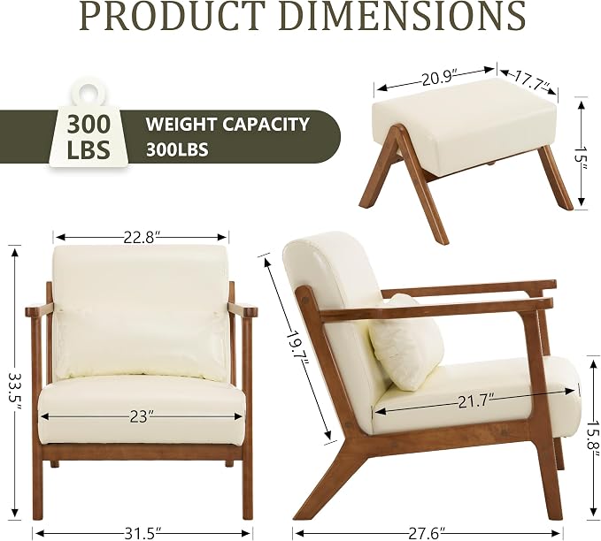 Modern Accent Chair and Ottoman Set, Mid-Century Faux Leather Upholstered - Image 2