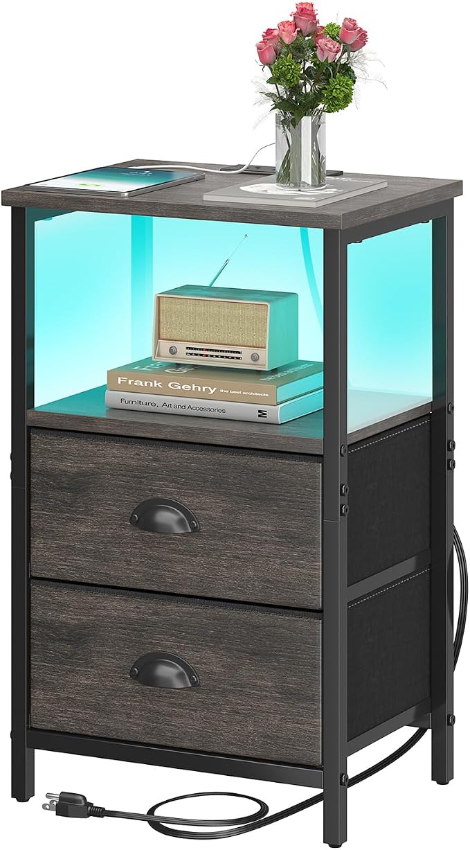 sthmec Nightstand with Charging Station, LED Night Stand with 2 Fabric Drawers by Unknown