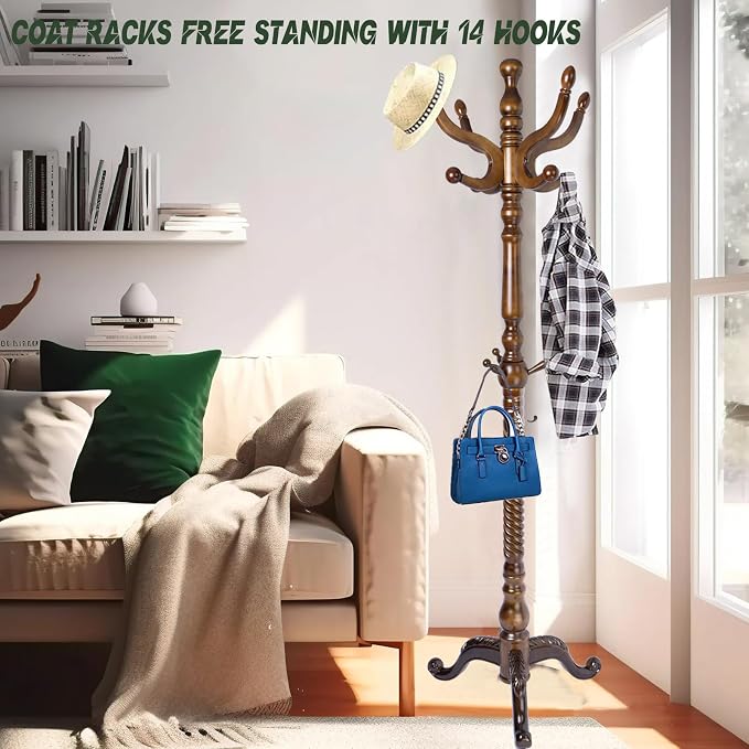 74" Wooden Coat Rack Stand, Coat Racks Freestanding - Image 2