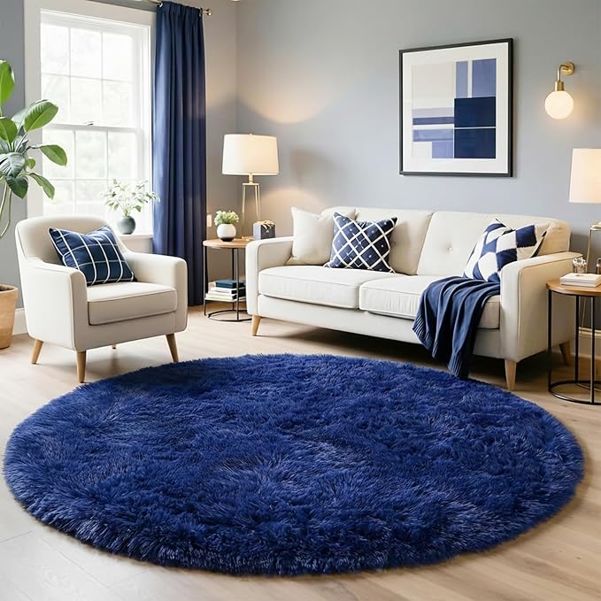 Amdrebio Navy Blue Large Fluffy Round Rug 7Ft - Image 5