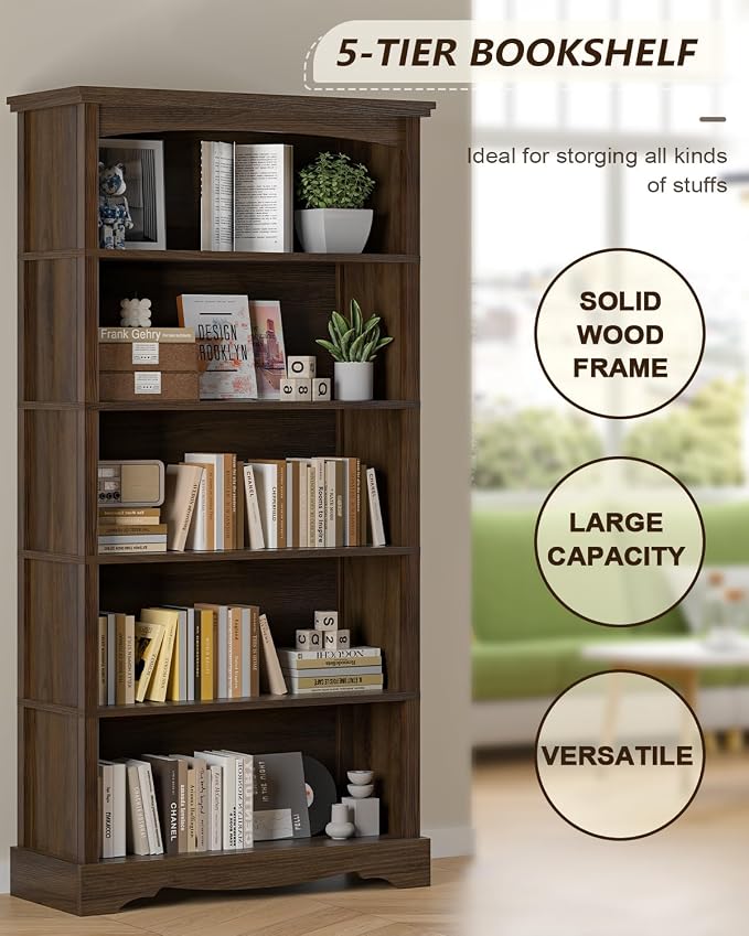 TVU 5-Tier Wooden Bookshelf, 31.5" W x 65" H ×9.9" D Bookshelf - Image 4