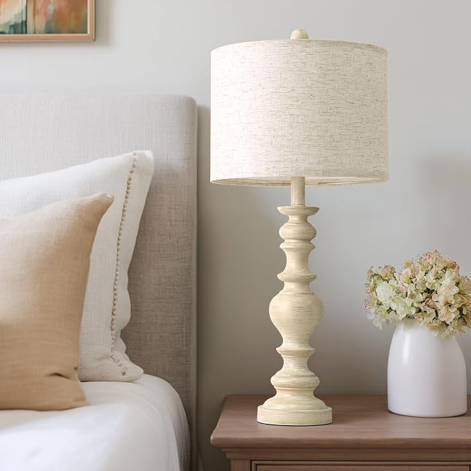 BOBOMOMO 27" Antique White Table Lamps Set of 2, Large Vintage Resin Lamps - Image 7