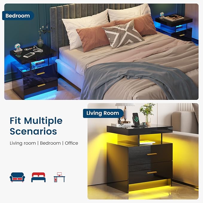 HNEBC Nightstand Set of 2 with Charging Station, Auto LED Night Stand with - Image 8