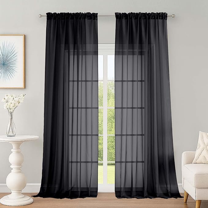 Black Sheer Curtains, Sheer Curtains 96 inches Long 2 Panels Set, Rod Pocket by OWENIE