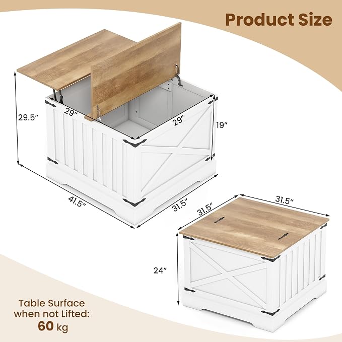 Giantex Farmhouse Lift Top Coffee Table, 31.5" Square Wood Center Table - Image 2