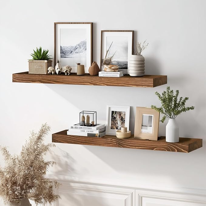 36x8x1.6 inch Floating Shelves Set of 2 – Solid Wood Rustic Brown Wall Mounted - Image 2