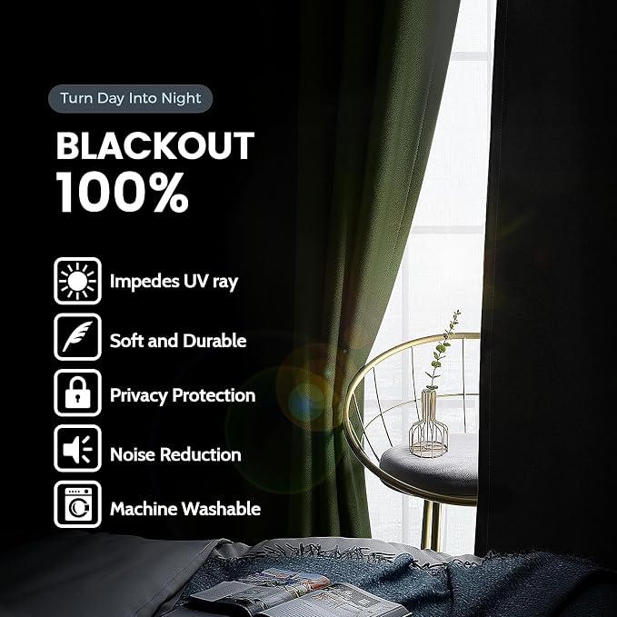 SimpleHome Greyish Green 100% Blackout Curtains Room Darken Living Room 84L | - Image 3