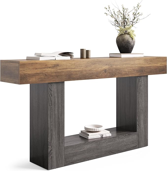 LITTLE TREE 63 Inches Long Console Table, 2-Tier Farmhouse Sofa Table Behind - Image 8