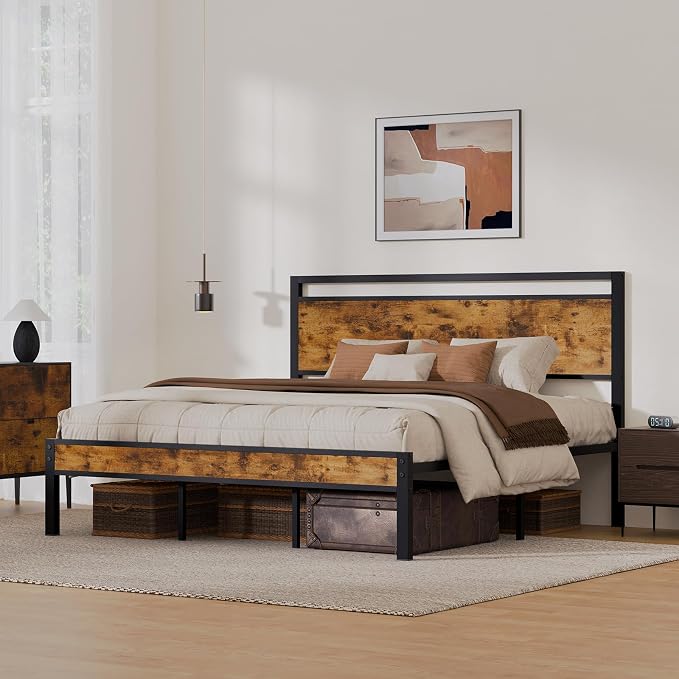 King Metal Bed Frame with Wooden Headboard and Footboard, Heavy Duty Platform - Image 3