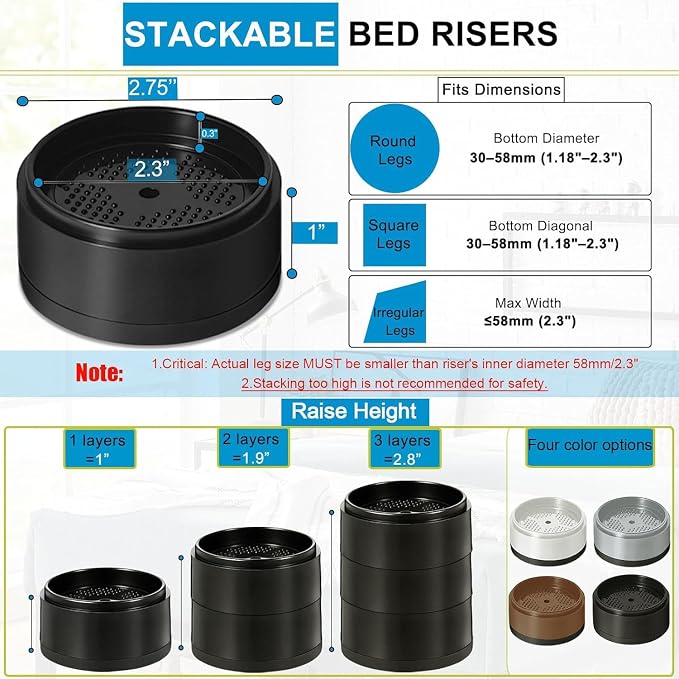 Bed Risers 1 inch, 2 inch, 3 inch, 4 inch Heavy Duty, Adjustable Furniture Riser - Image 2