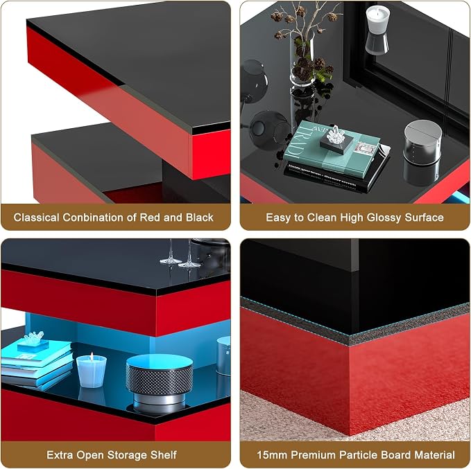 HedoAjim Red LED Coffee Table for Living Room, Living Room Table 2-Tier Square - Image 3