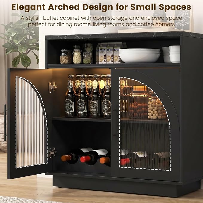 Sideboard Buffet Cabinet with Storage, Wine Bar Cabinet with Arched Glass Doors - Image 3