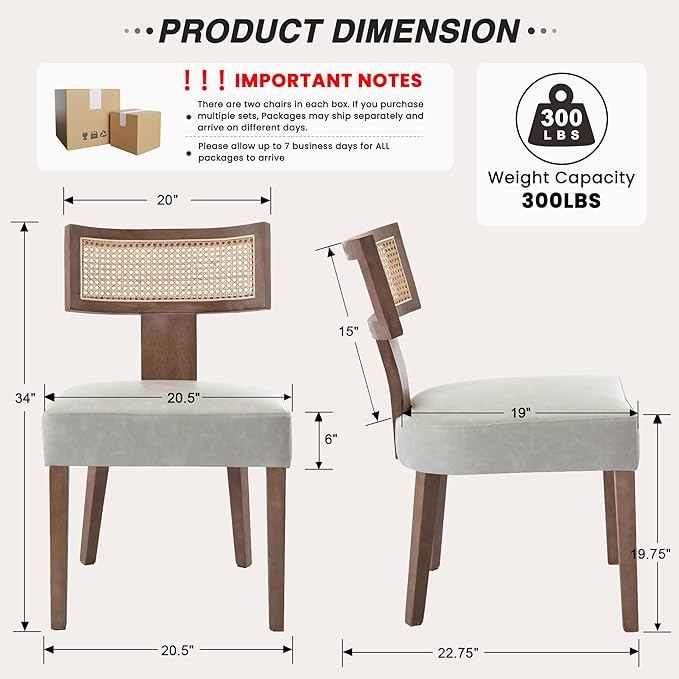 HNY Mid Century Modern Rattan Dining Chairs Set of 2, Farmhouse PU Leather - Image 2