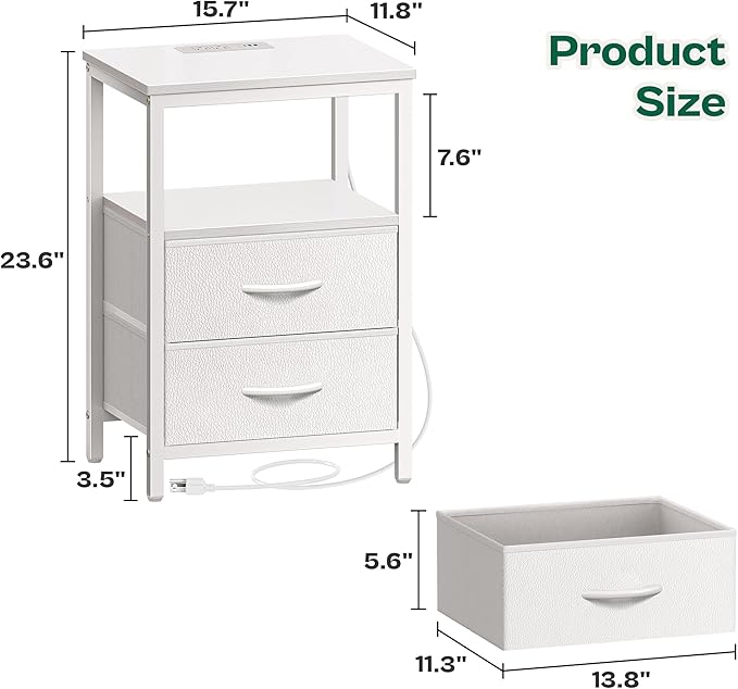 Huuger Night Stand with Charger Station and LED Lights, 2 Drawer Nightstand - Image 3