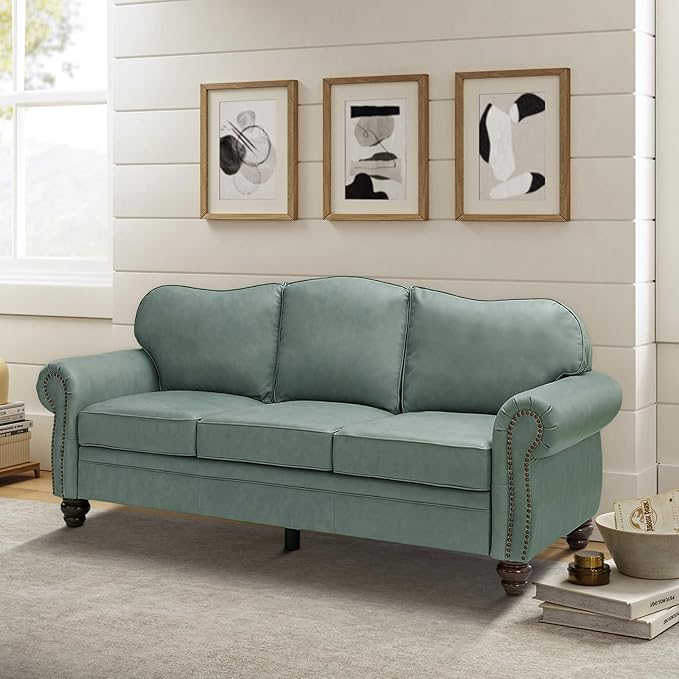 81" Genuine Leather Sofa, Classic 3-Seater Couchs - Image 3