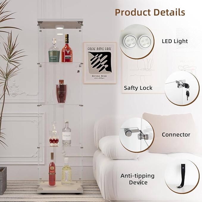 Glass Display Cabinet with LED Light and Lock, 4-Shelf Curio Cabinets with 5mm - Image 3