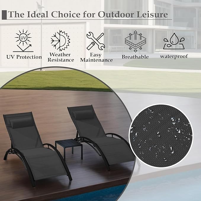 EROMMY Outdoor Chaise Lounge Set of 3, Reclining Patio Chairs - Image 4