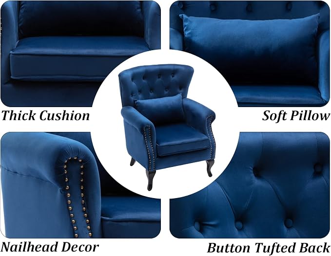 Set of 2 Mid-Century Modern Accent Chair, Velvet Armchair w/Tufted Back/Wood - Image 7