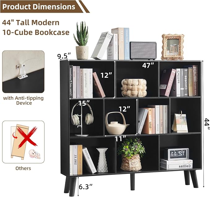 LEYAOYAO 10 Cube Bookshelf, 3 Tier Modern Wide Bookcase - Image 2