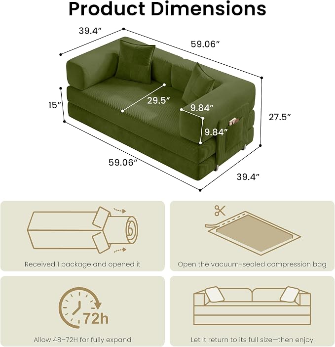 Convertible Floor Sofa Bed | 59’’ Folding Futon Sofa - Image 2