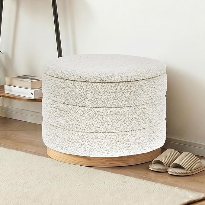Round Storage Ottoman with Tray Lid, Folding Chenille Fabric Footrest with - Image 8