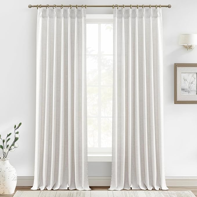 Beige White Thick Natural Linen Light Filtering 104 Inch Extra Long Curtains by PleatedDrapes