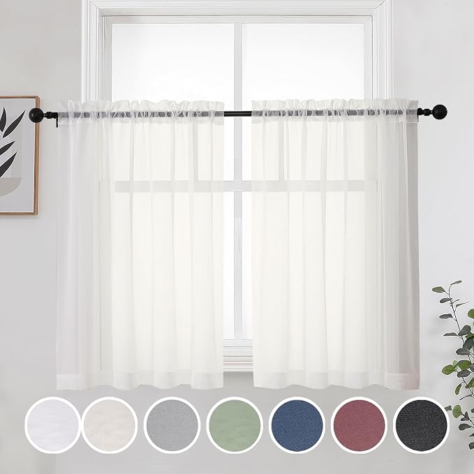 Short Sheer Curtains 30 Inches 2 Panels Set, Kitchen Tiers Light Filtering Rod by OWENIE