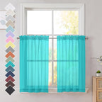 Turquoise Sheer Curtains 36 inches Long, Short Kitchen Window Treatment Solid by OVZME