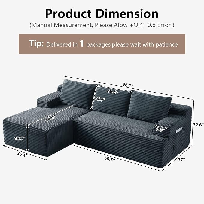 96" Cloud Sectional Couch with L-Shape Chaise, Modular Comfy Sofa Chaise Longue - Image 2