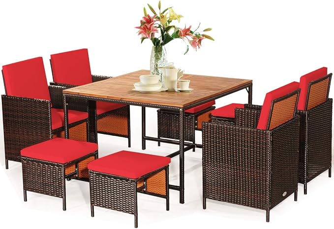 Tangkula 9 Pieces Acacia Wood Patio Dining Set, Space Saving Wicker Chairs and by TANGKULA