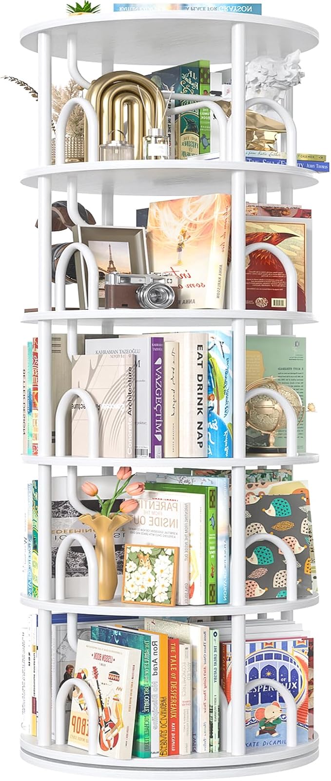 Aheaplus 5 Tier Rotating Bookshelf Tower, 360 Display Spinning Bookcase by Aheaplus