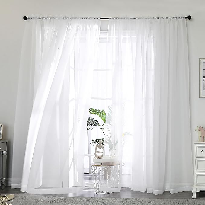 White Sheer Curtain 90 Inches Long 2 Panels Set, Solid Filmy Drapes by OWENIE