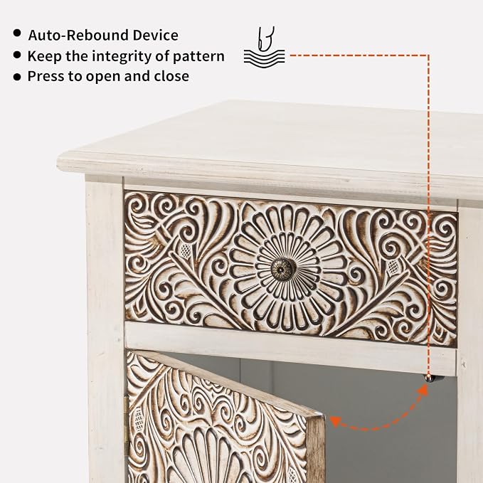 HOMPUS White Nightstand with Drawer & Storage, Fully-Assembled Flower Motif - Image 8