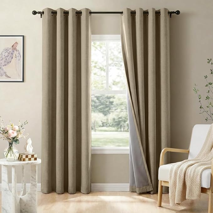 100% Blackout Linen Textured Curtains 63 Inch Long, Plaza Taupe | 100% Blackout by 100BlackoutShield