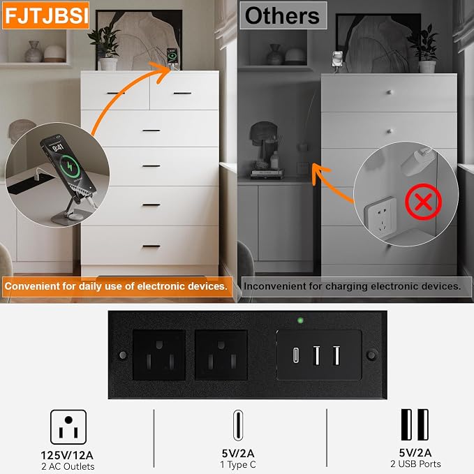 FJTJBSI Dresser with Power Outlets Wooden 6 Drawer Dresser with Large Organizer - Image 5