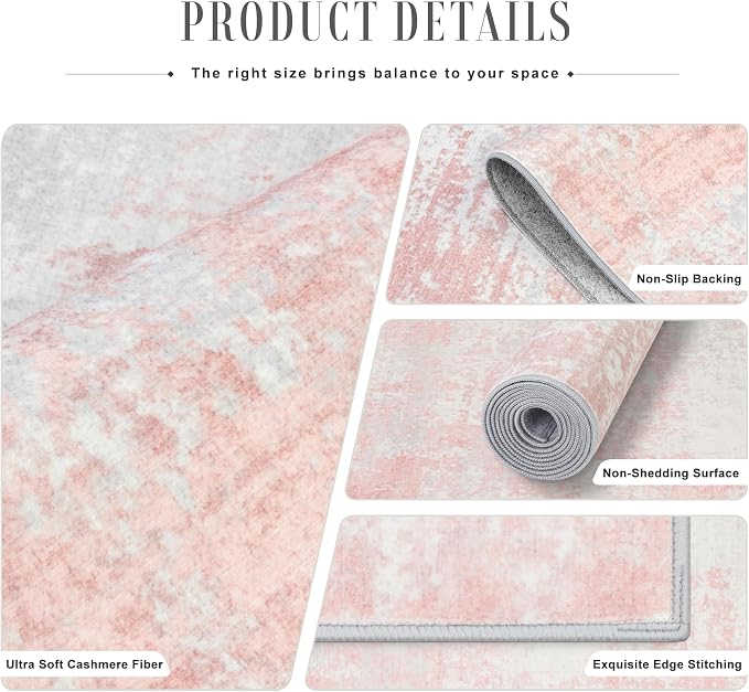 2x5 Washable Runner Rug：Modern Abstract Soft Carpet Pink White | - Image 5