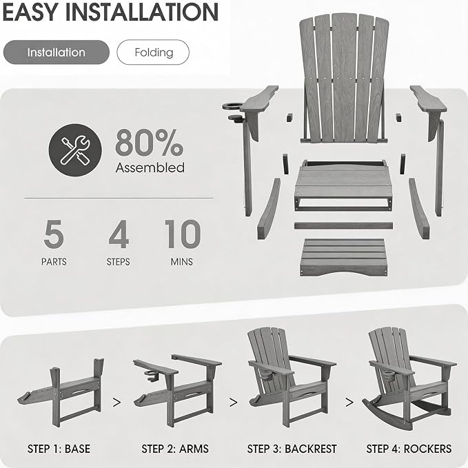 Adirondack Rocking Chair with Retractable Ottoman, Outdoor Folding Adirondack - Image 7