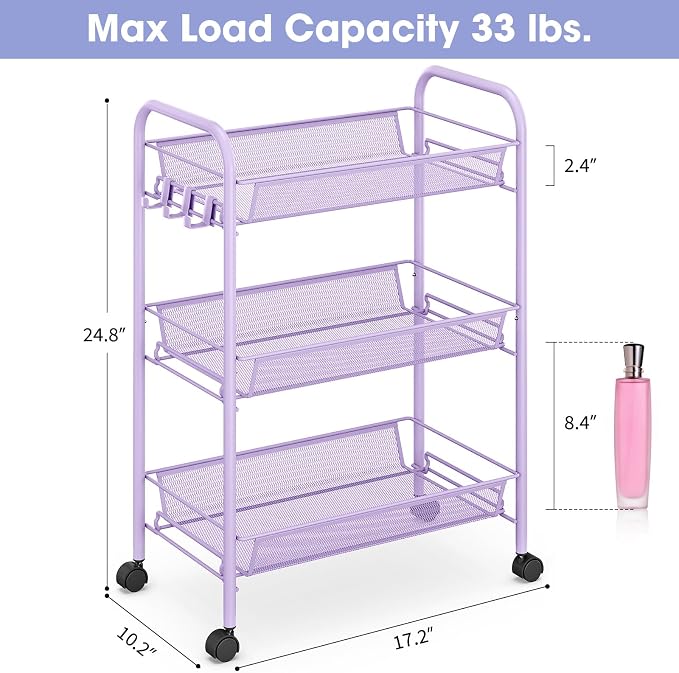 TOOLF 3-Tier Metal Rolling Cart, Mesh Wire Easy Assemble Utility Cart, Storage - Image 6